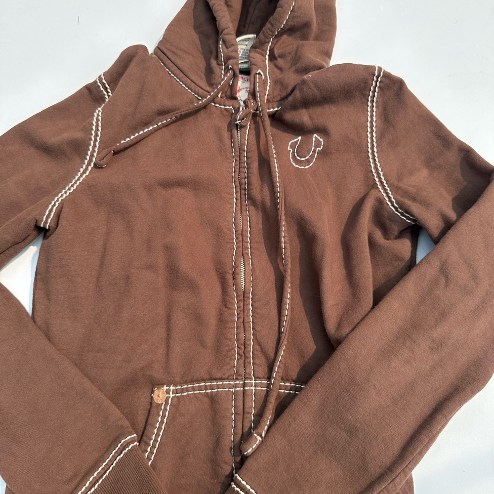 True Religion Full Zip Cropped Hoodie Womens L Brown Big T Stitching Graphic Y2K